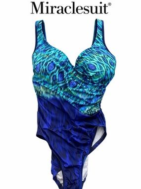 NWT Miraclesuit It’s A Wrap Blue Multi One Piece Slimming Swimsuit Size 8
